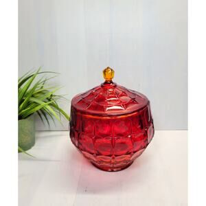 Vintage Tiara Constellation Sunset Candy Dish Amberina Red Cookie Jar & Lid MCM